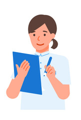 Working Woman. Concept for Problem Solving. Woman cartoon character. People face profiles avatars and icons. Close up image of Woman writing.