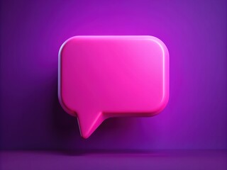 Vibrant pink speech bubble pops against a rich purple background, symbolizing lively online conversations, social media exchanges, and digital communication in a modern 3D rendering.