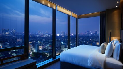 Fototapeta premium hotel room overlooking the city at night