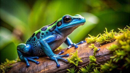 Fototapeta premium Vibrant green and blue poison dart frog perches on a moss-covered log in a humid, dimly lit rainforest, its large round eyes gazing upward.