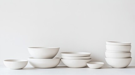 A minimalist arrangement of white ceramic bowls and plates on a pristine white background, emphasizing their simplicity and elegance.