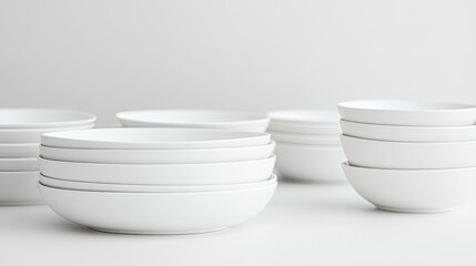 A minimalist display of white ceramic dinnerware, including bowls and plates, set against a pure white background, emphasizing their timeless elegance.