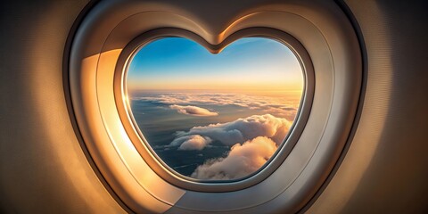 Heart-shaped airplane window with a romantic view, love, travel, heart, airplane, porthole, illuminator