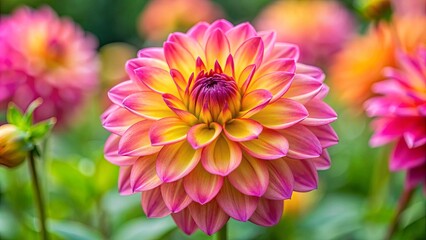 Vibrant pink and yellow dahlia in full bloom, dahlia, flower, pink, yellow, vibrant, colorful, garden, petals, close up, nature