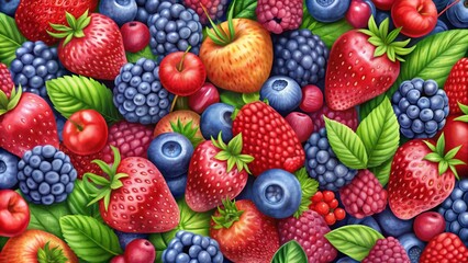 Fototapeta premium Vibrant illustration of assorted berries, including strawberries, blueberries, and raspberries, arranged in a stylized pattern with bold lines and colorful gradients on a white background.