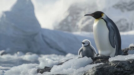A penguin gives birth on the icy shores of Antarctica, surrounded by towering glaciers and a pristine, frozen landscape.