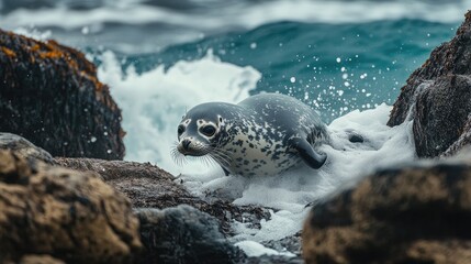 A seal gives birth on a rocky coastline, with crashing waves and the salty sea air adding drama to the beautiful, natural scene.