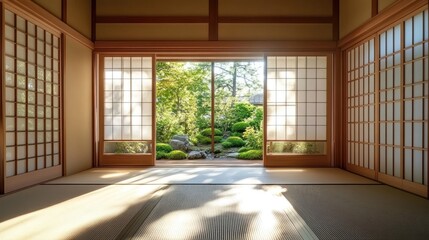 A serene Japanese-style room with a tatami mat floor, soft sunlight filtering through shoji screens, and a view of a lush green garden.