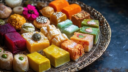 A vibrant assortment of traditional Indian sweets on a decorative plate, capturing the rich colors and textures that evoke a sense of sweetness and indulgence.