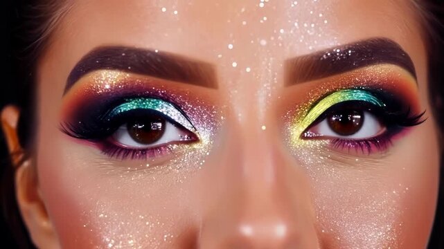 Close up of a woman with vibrant, colorful eyeshadow and glitter makeup, perfect for showcasing beauty trends for special occasions