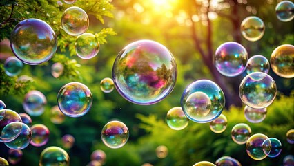 Glistening soap bubbles floating in the air, bubble, iridescent, delicate,floating, sphere, rainbow, reflective, whimsical