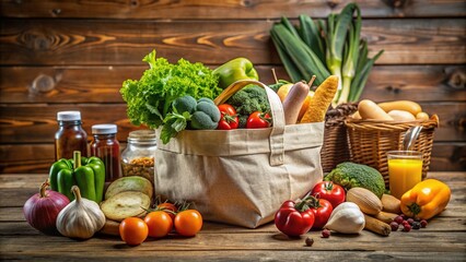 Fresh produce and groceries overflowing from a reusable tote bag, surrounded by a few scattered food stamps, on a rustic wooden kitchen table.