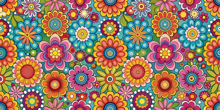 Colorful 60s retro pattern featuring vibrant flowers and geometric shapes, vintage, retro, 1960s, colorful, floral, abstract