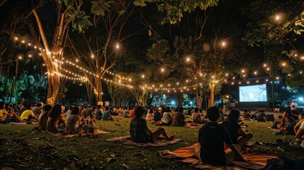 A night scene of an open-air cinema in a Thai park, with people on picnic blankets