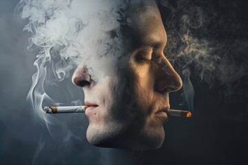Fototapeta premium Smoke dramatically billows around a mans head capturing the suffocating nature of smoking addiction
