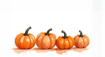 Obraz premium Watercolor painting of a group of four pumpkins with Happy Halloween lettering and white copy space