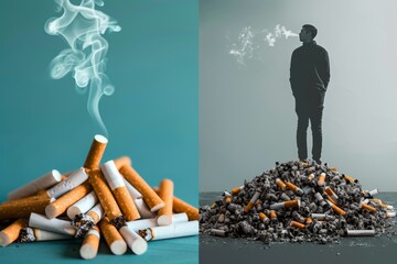 Man standing amid cigarette butts a stark visual on the environmental impact of smoking habits