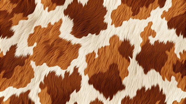 Vibrant seamless cow print texture featuring realistic cowhide pattern in shades of brown and white, ideal for backgrounds, wallpapers, and design elements.