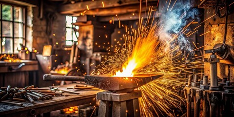 Metal sparks fly in a fiery blaze, illuminating the blacksmith's craft Metalwork, blacksmith, craft, metal sparks