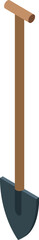 Metal shovel with a wooden handle standing upright in isometric view