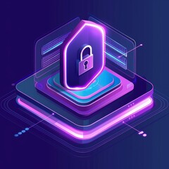 Isometric digital protection mechanism, system privacy. Online file server protection system concept with computer and lock (shield) . Web page design