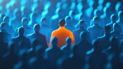 Unique Orange Figure Stands Out in a Sea of Pastel Blue, Embracing Individuality in a Cinematic Close-up with Hyper-Realistic Detail