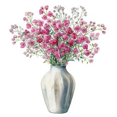 Obraz premium One modern style vase flowers of vibrant Baby's Breath Gypsophila Bouquet, watercolor clipart illustration, lsolated on white background