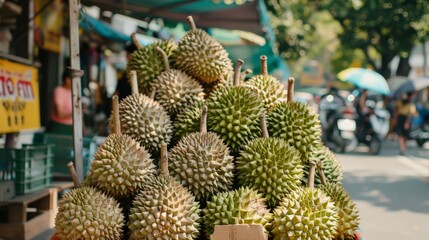 A pile of durians displayed at a roadside stall in Southeast Asia