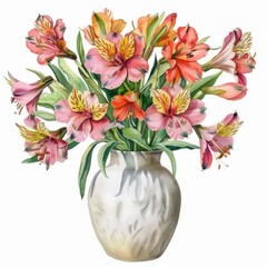 One modern style vase flowers of vibrant Alstroemeria Bouquet, watercolor clipart illustration, lsolated on white background
