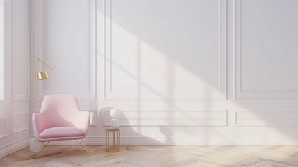 Fototapeta premium Minimalist Living Room with Pink Armchair and Golden Accents