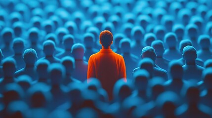 Unique Orange Figure Stands Out in a Sea of Pastel Blue, Embracing Individuality in a Cinematic Close-up with Hyper-Realistic Detail