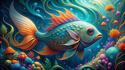 Obraz premium Vibrant, whimsical illustration of a stylized fish with swirling scales and flowing fins, surrounded by abstract, dreamy coral and seaweed in shades of blue and green.