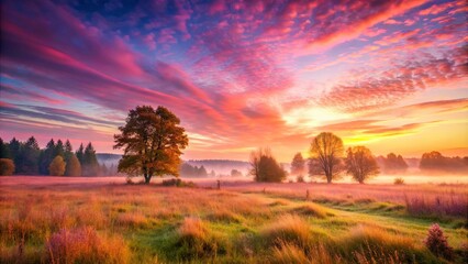 Beautiful meadow with pink sky at autumn sunrise, World environment day, nature, landscape, beauty, peaceful, tranquil, serene