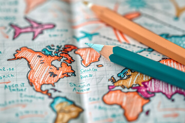 Naklejka premium Colorful World Map with Pencils - Travel Planning and Education Concept