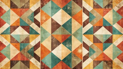 Vintage inspired abstract print featuring distressed textures, bold geometric shapes, and faded colors, evoking a nostalgic feel of the 70s and 80s retro era.