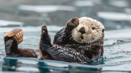 A playful sea otter floating on its back, holding a shell