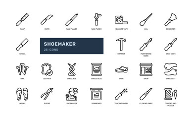 shoemaker handcraft shoe repairman footwear cobbler outline icon set