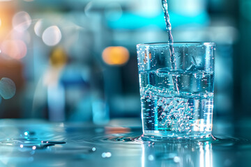 Crystal Clear Water Pouring into Glass with Bokeh Background - Refreshing and Hydrating Concept