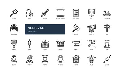 Fototapeta premium medieval history royalty fantasy outline icon set