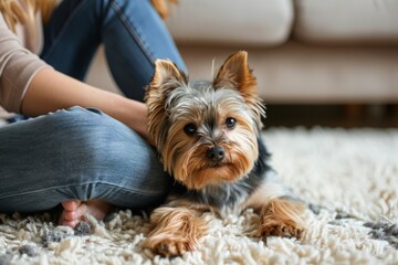 Yorkshire Terrier lying on the floor next to owner.