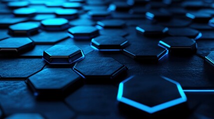 Obraz premium Futuristic Abstract 3D Hexagons Wallpaper, High Tech Digital Modern Pattern for Technology and Science Themes, Dark Blue Glowing Shapes on Black Background