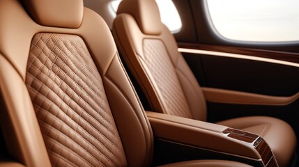 Obraz premium Private jet with deep-tan leather seats, glossy mahogany details, and elegant design, capturing the essence of high-class aviation comfort