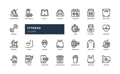 fitness healthy sport workout exercise outline line icon set