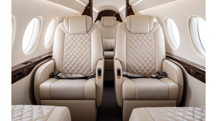 Private jet with deep-tan leather seats, glossy mahogany details, and elegant design, capturing the essence of high-class aviation comfort