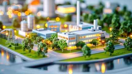 Miniature model of a modern industrial complex with illuminated buildings and greenery, showcasing urban planning and architecture.