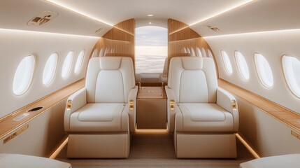 Rich leather interiors of a private jet, highlighted by subtle lighting, plush carpet, and a spacious layout for an elite travel experience