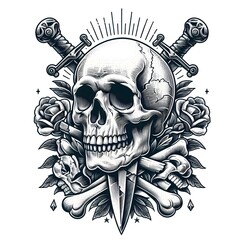 Skull with Daggers, Roses, and Crossbones Tattoo Design