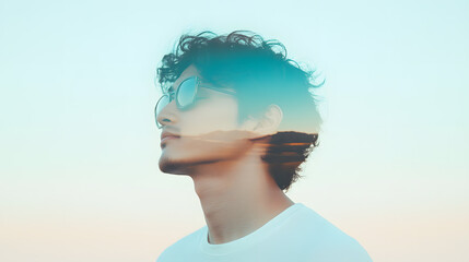 A thoughtful portrait of a handsome man, styled with minimalist elegance and enhanced by unique lighting. A serene, introspective mood, isolating the subject against a clean, modern background.