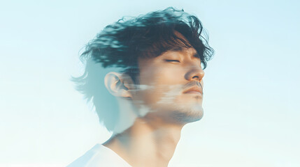 A thoughtful portrait of a handsome man, styled with minimalist elegance and enhanced by unique lighting. A serene, introspective mood, isolating the subject against a clean, modern background.