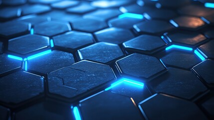 Obraz premium Futuristic Abstract 3D Hexagons Wallpaper, High Tech Digital Modern Pattern for Technology and Science Themes, Dark Blue Glowing Shapes on Black Background